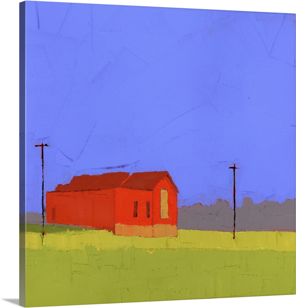 Blue hour, 2025. (Originally acrylic on a wooden panel.) A brick building bathed in sunlight and a bright dark blue sky.