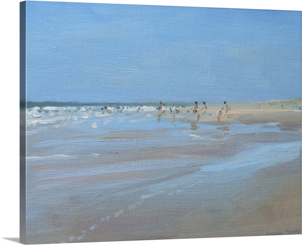 Contemporary painting of people at the beach at low tide.