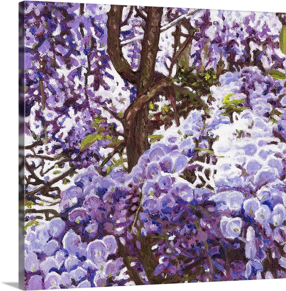 Contemporary painting of a flowering blue wisteria tree.