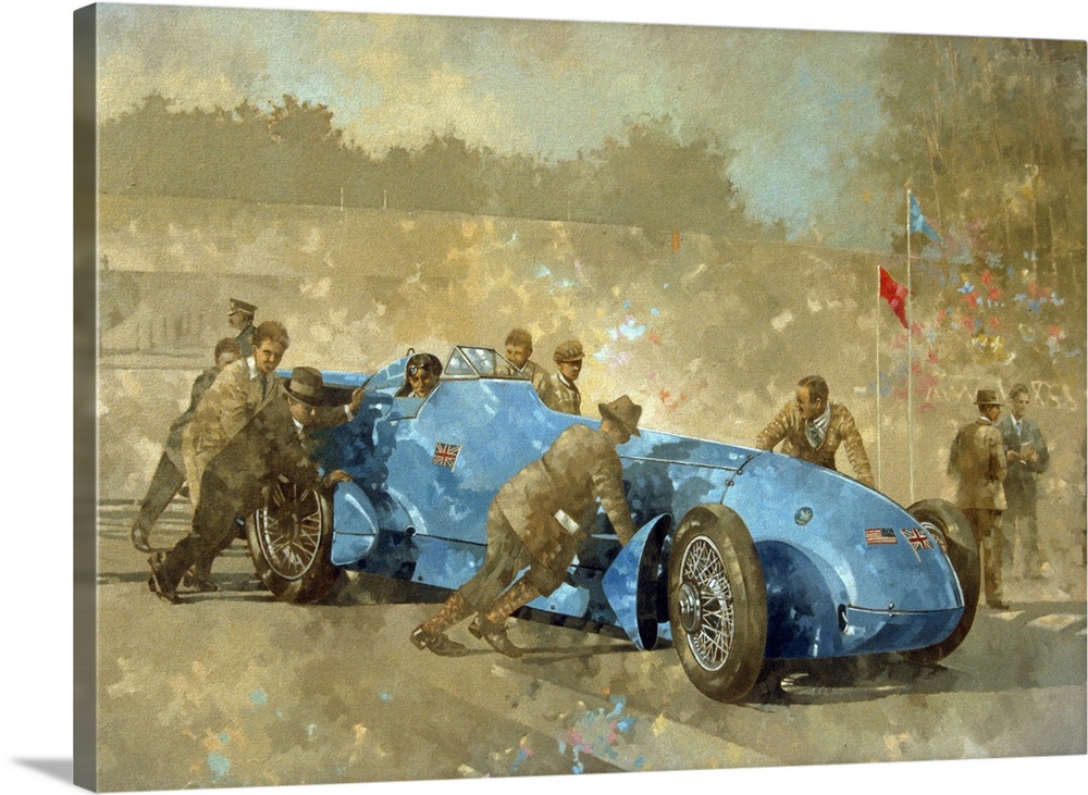 Decorative wall art for a petrolhead this horizontal painting shows a scene with an early race car in the 20s being pushed...