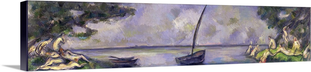 A piece of classic artwork with boats sitting in the water and people sitting on the ground beside the water.