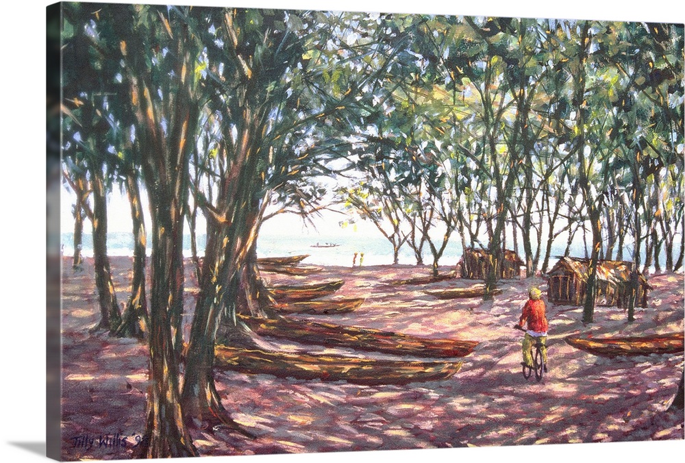 Contemporary painting of a person on a bicycle near canoes in the shade.