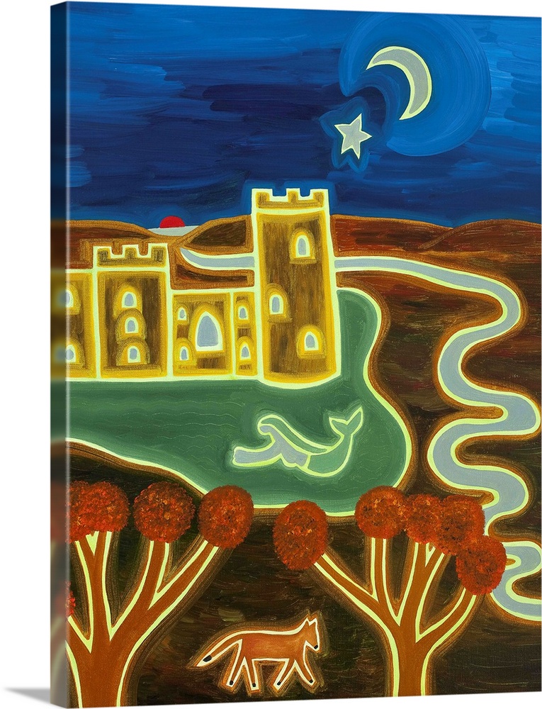 Contemporary painting of a castle in a countryside scene with everything sort of glowing in a neon outline.