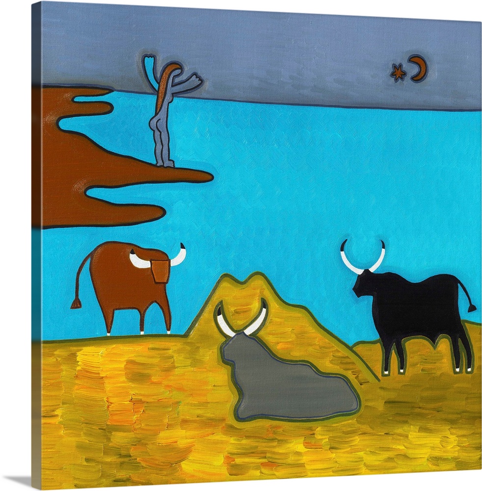 Contemporary painting of three bulls on the shore.