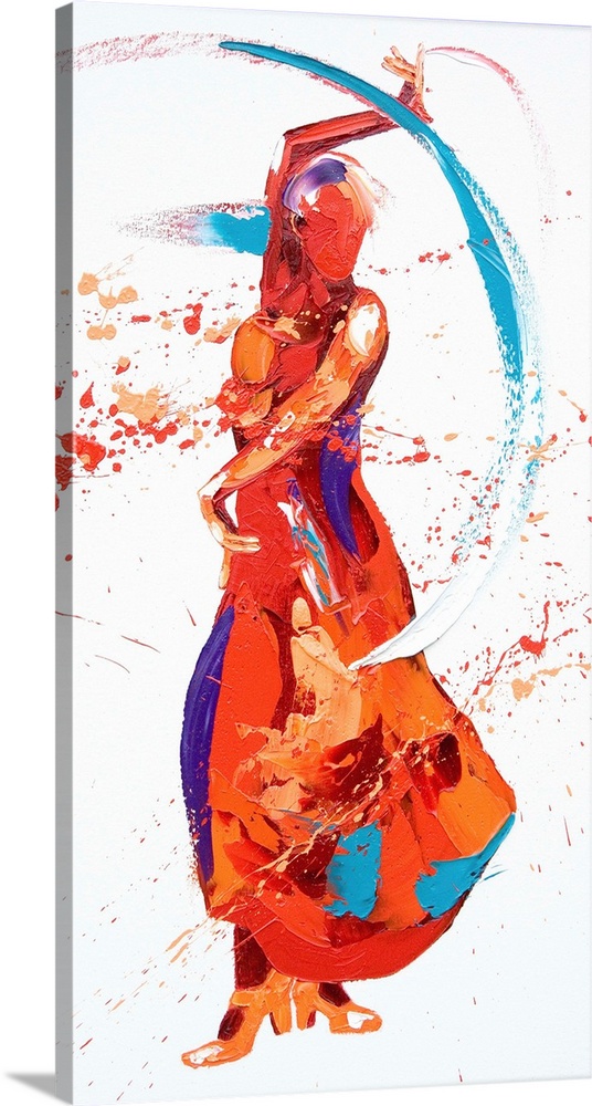 Contemporary painting using deep warm colors to create a woman dancing against a white background.