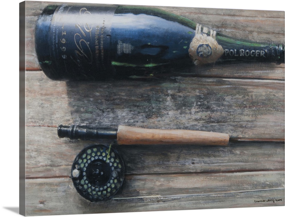 Contemporary painting of a wine bottle and the handle of a fishing rod.