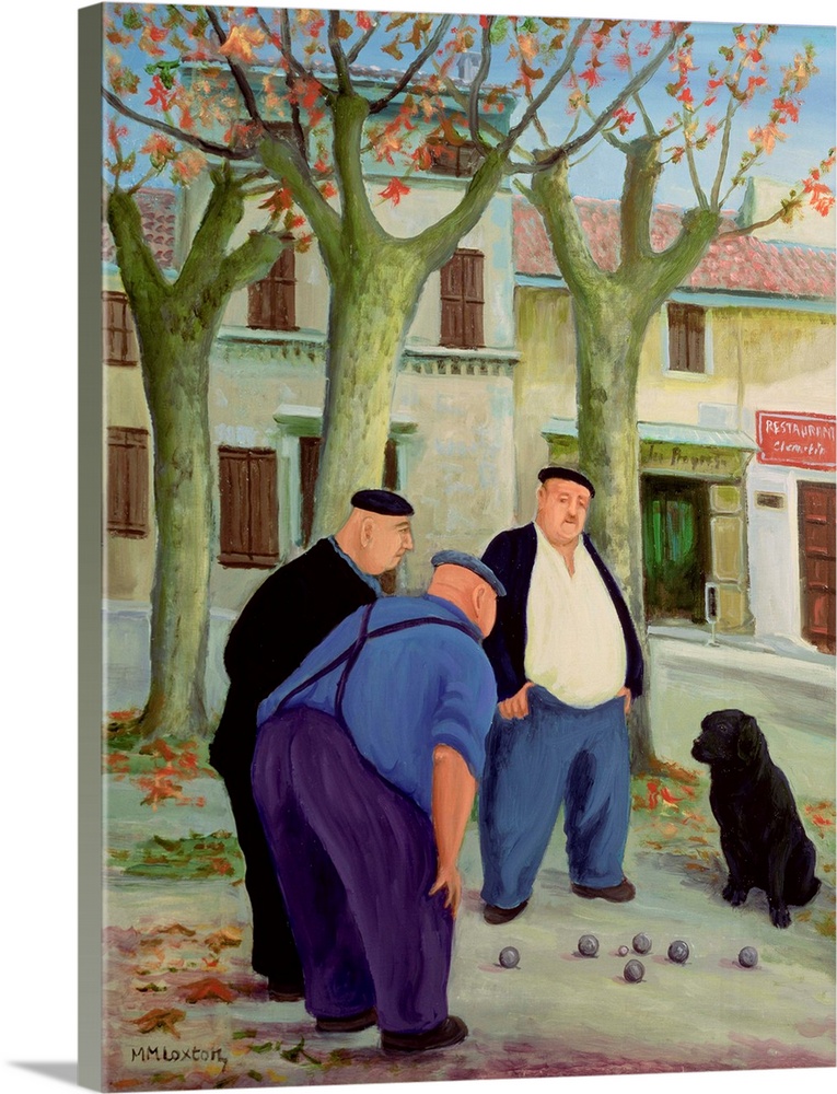 Contemporary painting of people playing boules in a town in France.