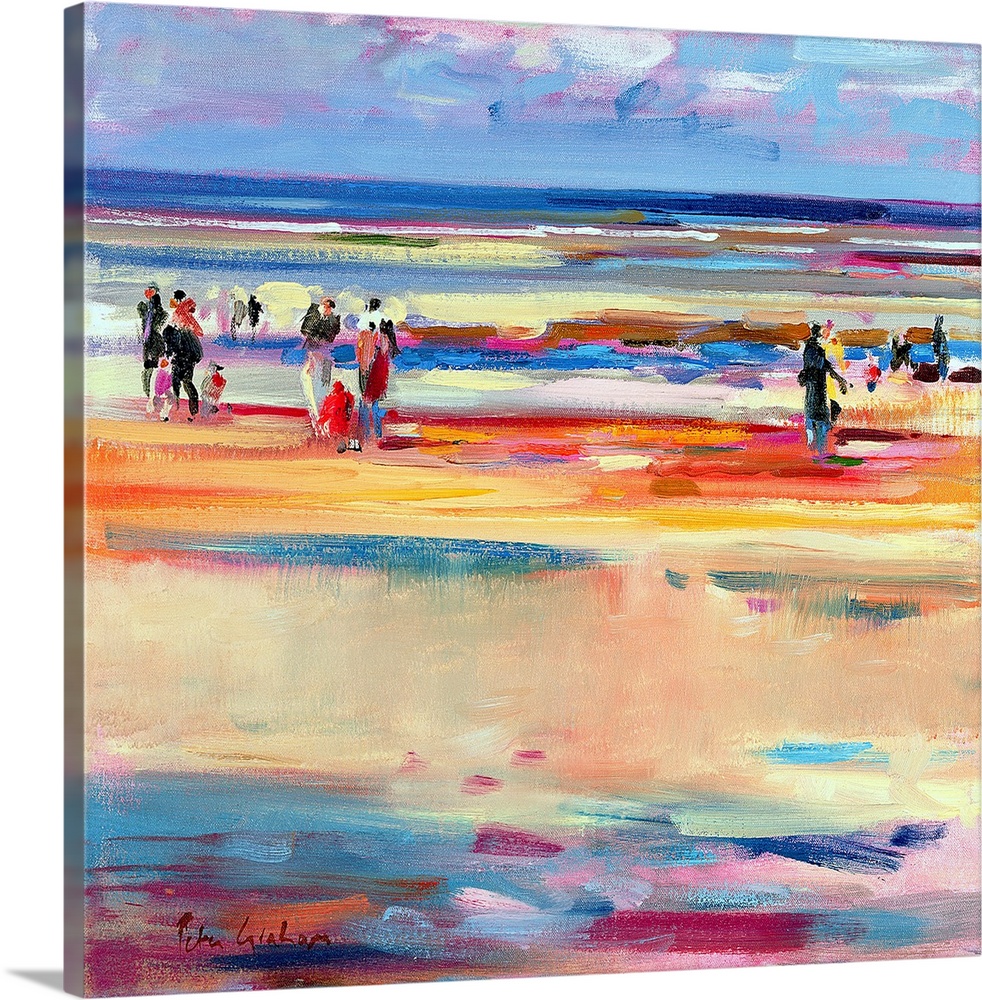 This contemporary abstract painting shows beach goers strolling up and down the shore of the seascape scene.