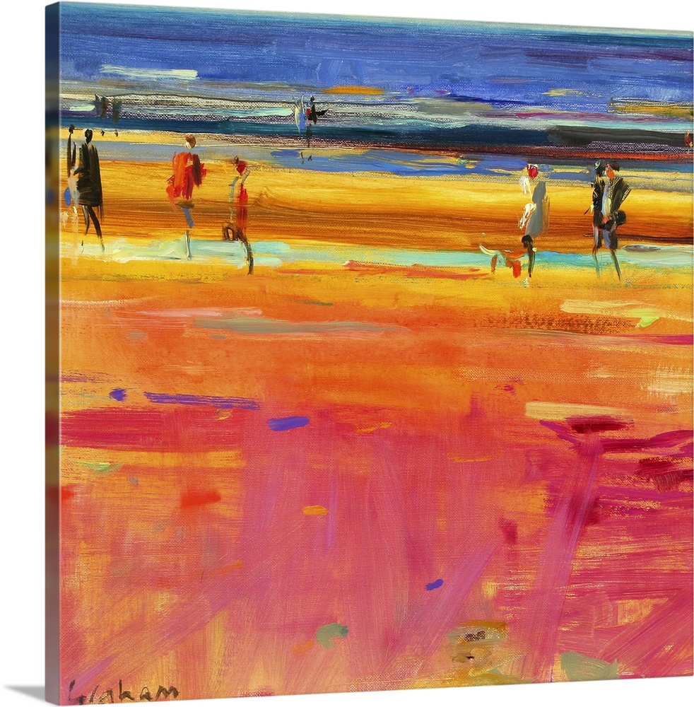 Square abstract painting of people walking on a beach with the ocean in a distance.