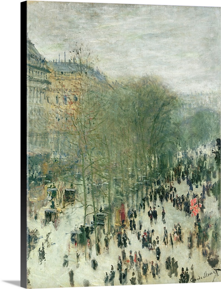 Large painting of the Boulevard des Capucines on a cloudy day.