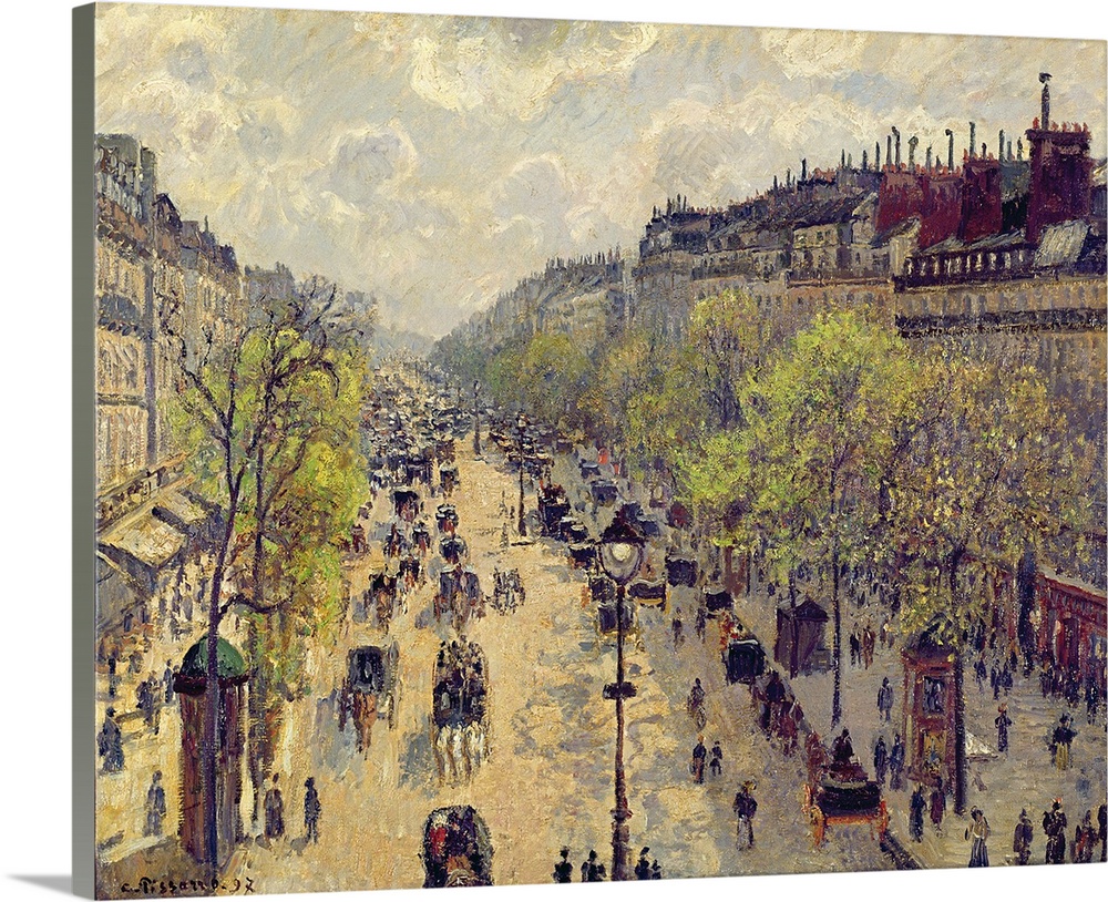 Painting of busy street filled with pedestrians and horse carriages.  The street is lined with storefronts under a cloudy ...