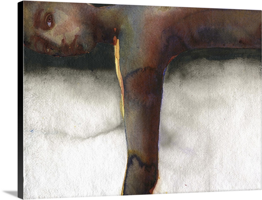 Contemporary watercolor painting of a figure lying down on their stomach and staring off into space.