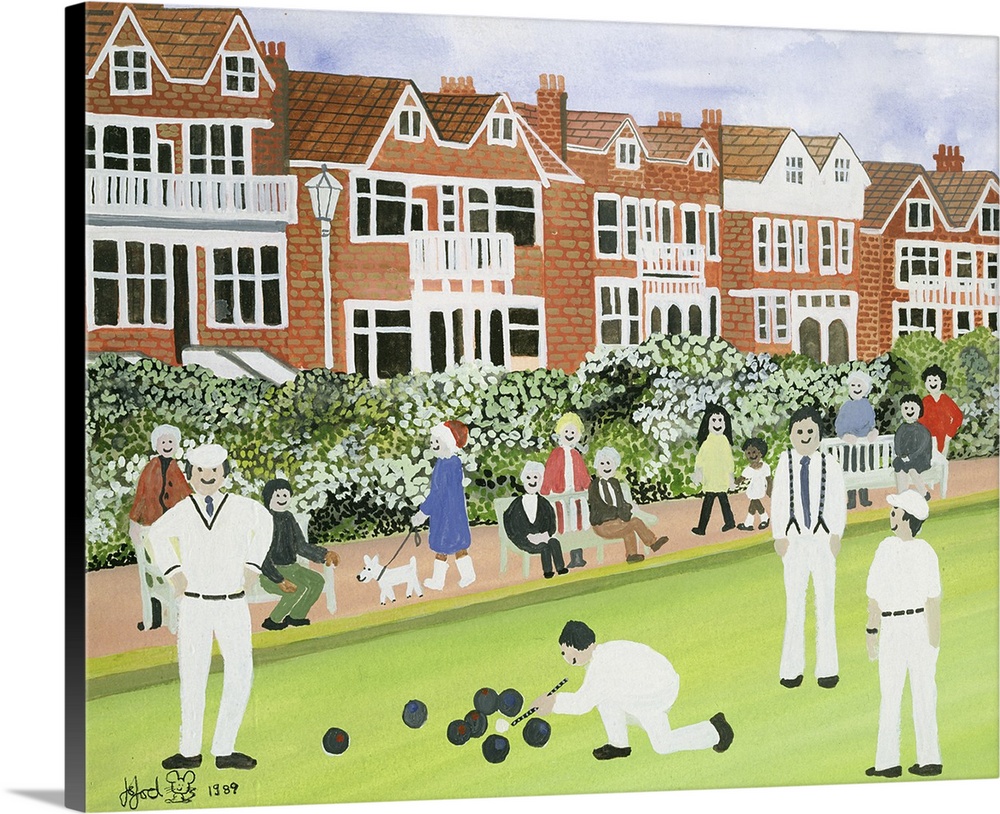 Contemporary painting of a group of people playing boules in a park.