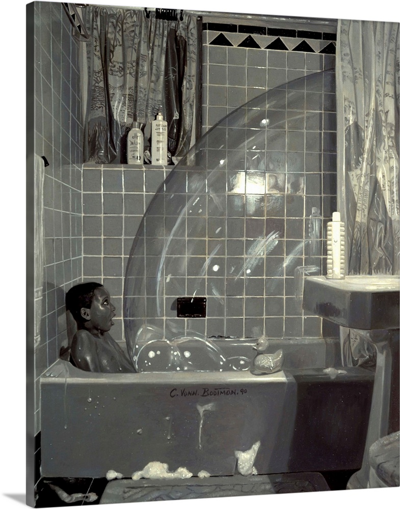 Contemporary painting of a boy in a bathtub with an enormous soap bubble.