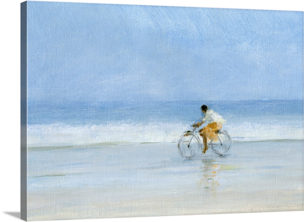 Contemporary painting of a person riding a bicycle on a beach.
