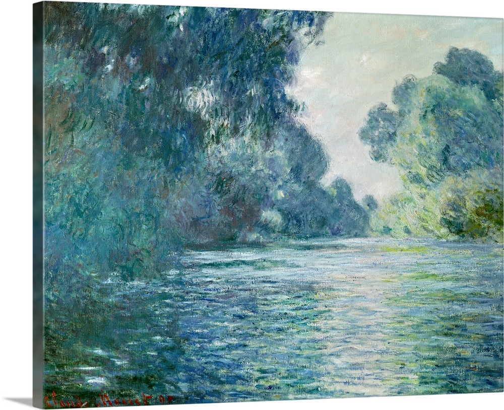 Oil painting of river with large trees and bushes on both sides that are reflected in the stream of water.