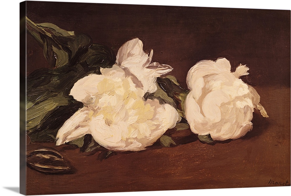 Oil painting of two pastel colored flowers and their leaves scattered on a table.