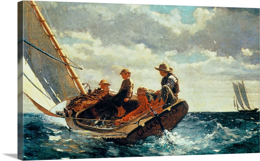 Horizontal, large classic art painting of four people on a sailboat that is nearly tipping into rough waters, beneath a gr...