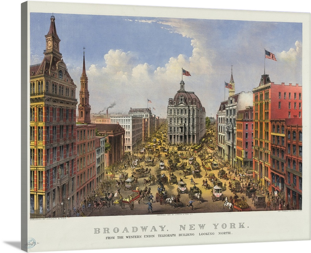 Broadway, New York from the Western Union telegraph Building looking North, 1875 (originally colour lithograph) by Currier...