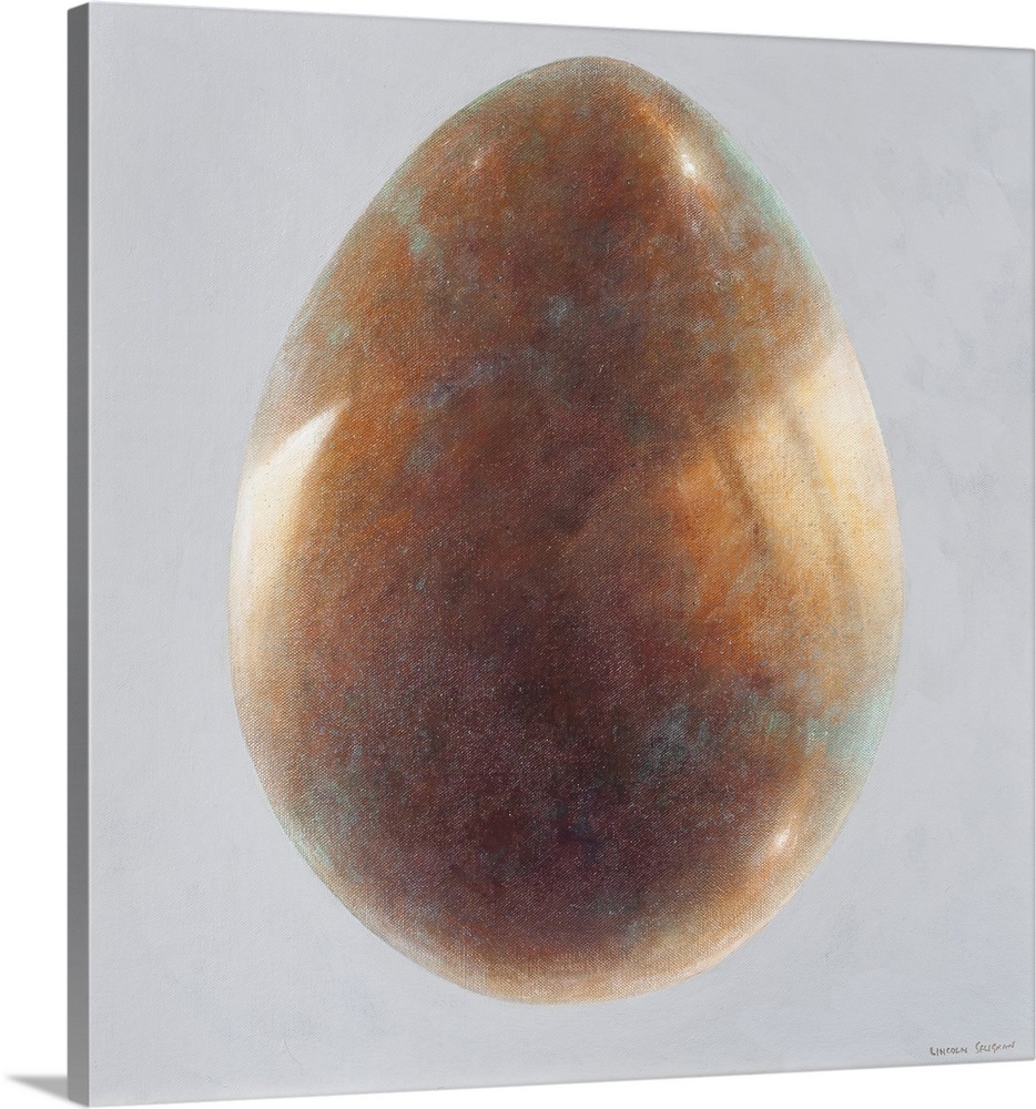 Contemporary painting of a bronze egg against a light gray background.