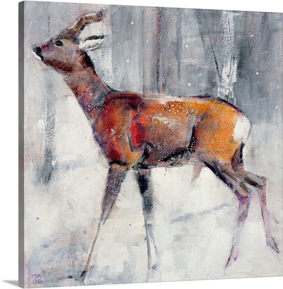 Giant, square painting of a young buck walking through a winter landscape.