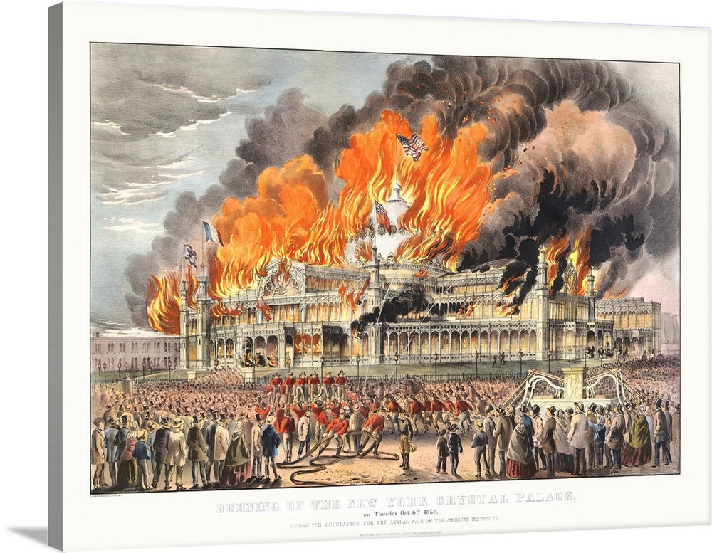 Burning of the New York Crystal Palace on Tuesday October 5th 1858 (originally colour lithograph) by Currier, N. (1813-88)...