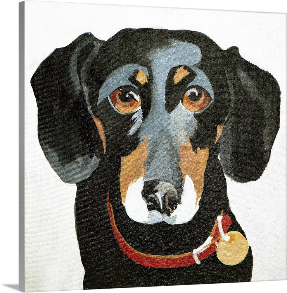 Contemporary painting of a portrait of a black dog.