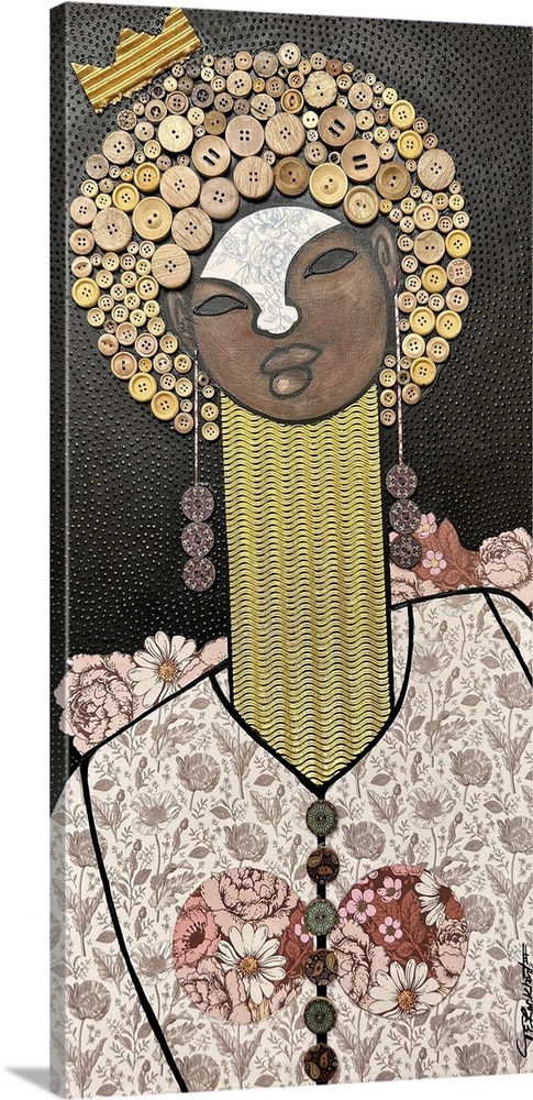 Button down beauty, 2023. (Originally mixed media on canvas.) A women wearing a crown full of confidence with a button des...