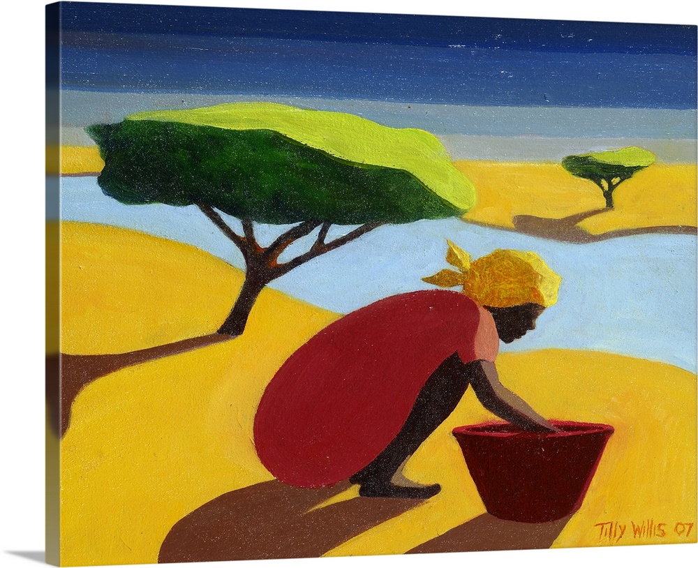 Painting of a woman reaching into a bucket on the  riverside.
