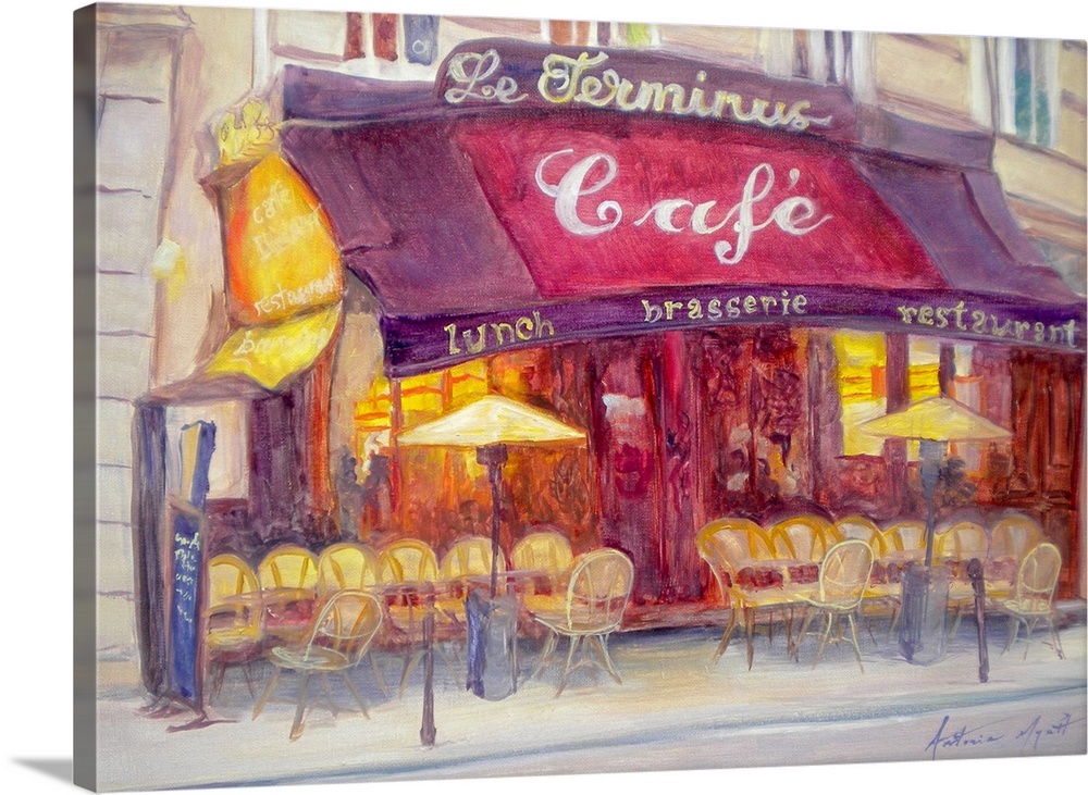 Horizontal, large painting of a cafo along a city street, with many chairs and umbrellas sitting along the sidewalk.  A pa...