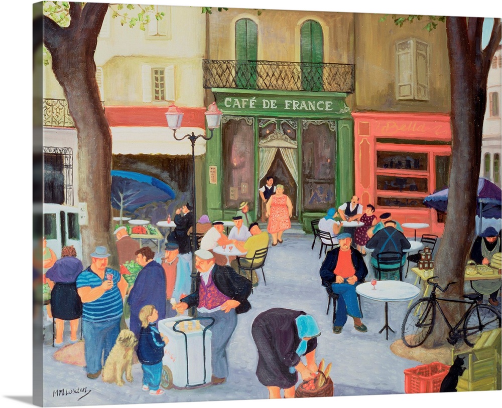 Contemporary painting of people eating at a cafe in France.