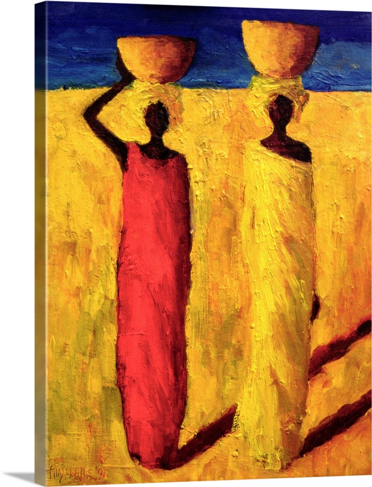 Contemporary oil painting of two African women walking while balancing bowls on their heads.