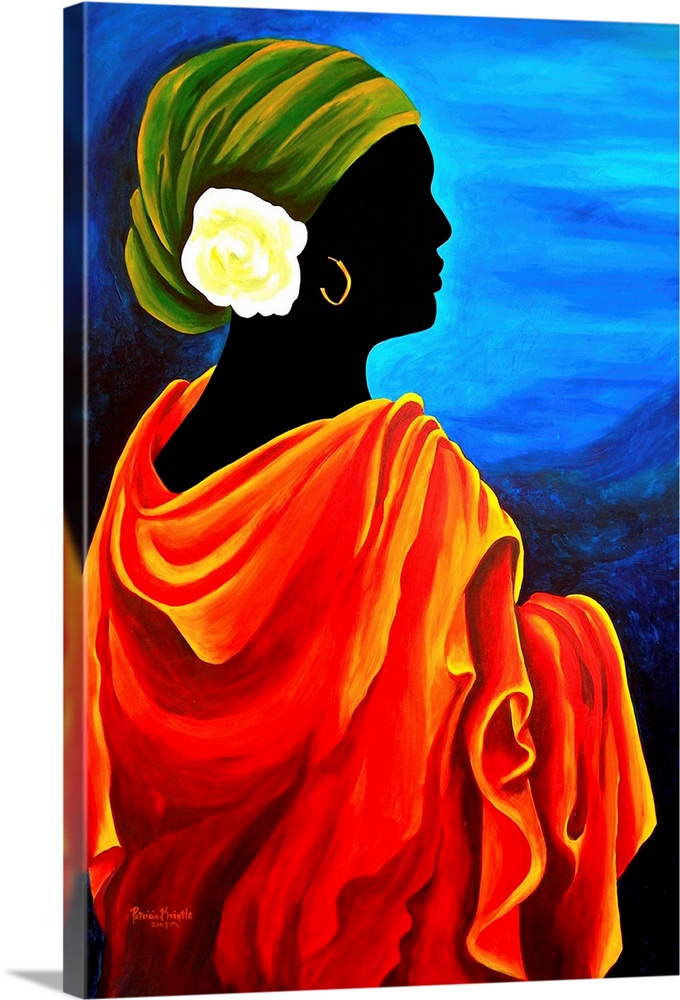 Contemporary portrait of a Haitian woman wearing a headscarf with a flower.