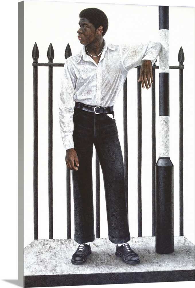 Contemporary painting of a man with clothes matching his urban surroundings.