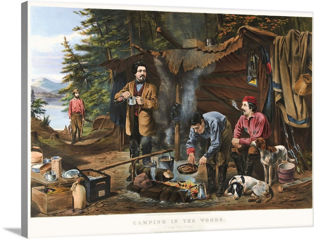 Camping in the Woods - A Good Time Coming (originally colour lithograph) by Currier, N. (1813-88) and Ives, J.M. (1824-95)