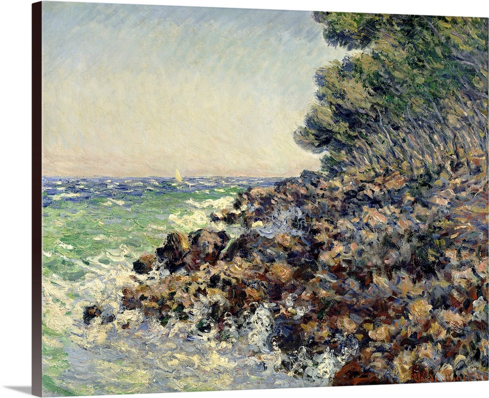 Impressionist oil painting by Claude Monet of a rocky beach shore overlooking the ocean.