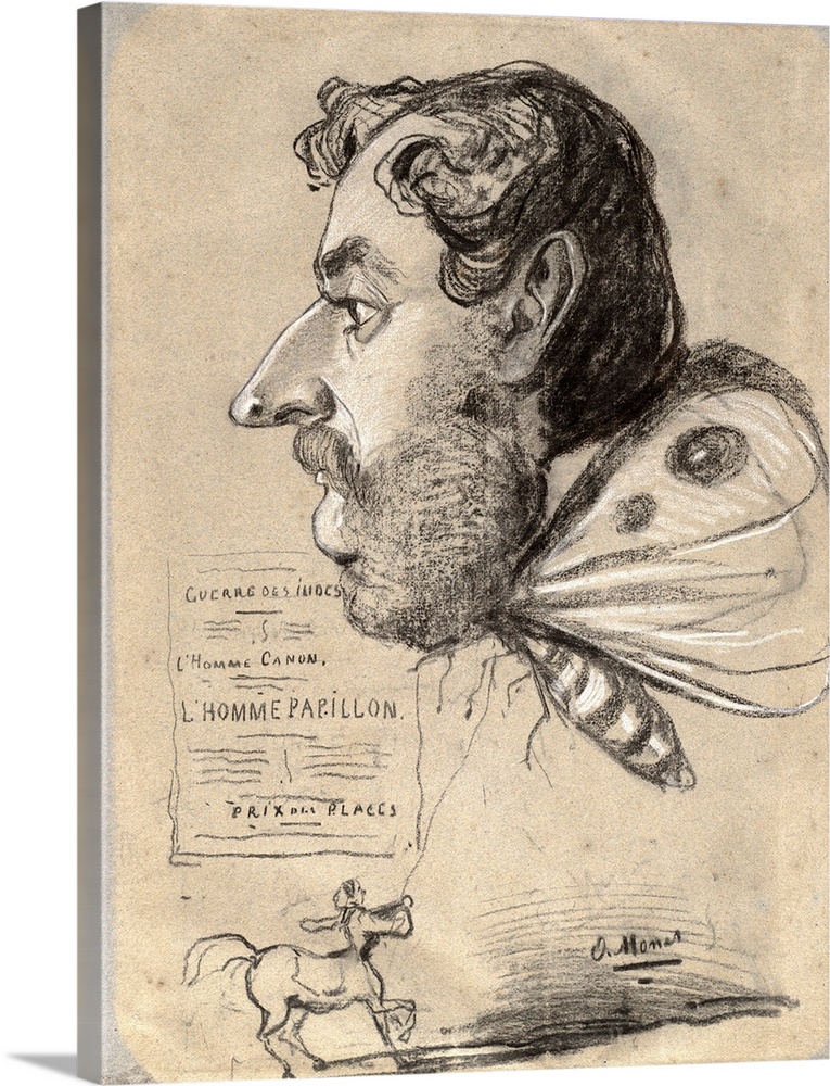 Caricature of Jules Didier, Butterfly Man, c.1858, charcoal, heightened with white chalk, with smudging, on blue laid pape...