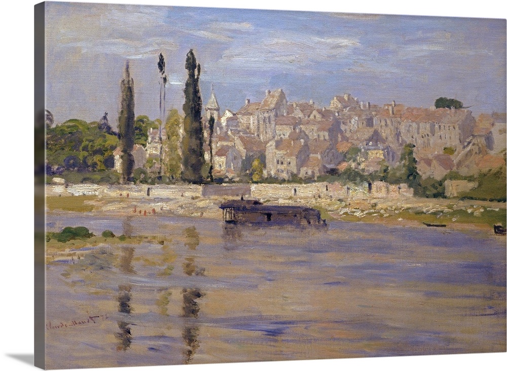 Oversized, landscape, classic art painting of a body of water in the foreground, a city with many buildings in the backgro...
