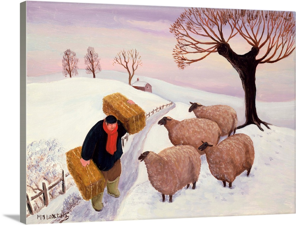 Contemporary painting of a farmer tending to his flock of sheep in the winter.