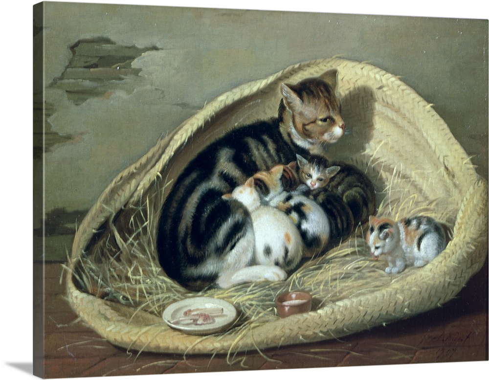 BAL52795 Cat with Her Kittens in a Basket, 1797 (oil on canvas)  by Wilde, Samuel de (1748-1832); Private Collection; Phot...