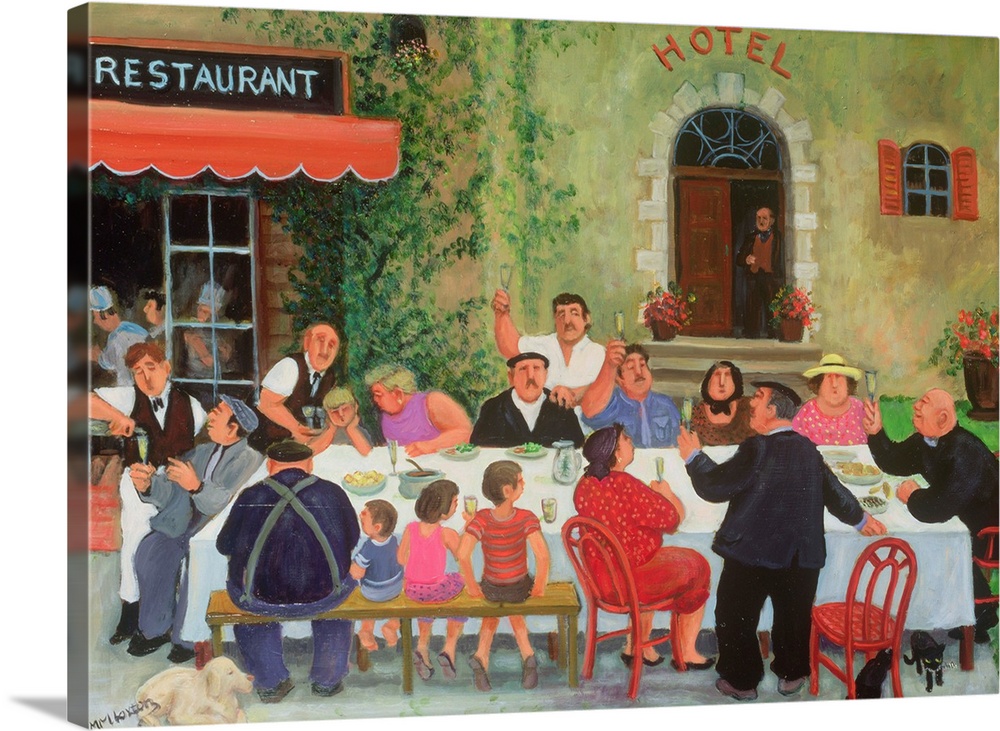 Contemporary painting of people eating at a banquet outdoors in a French town.