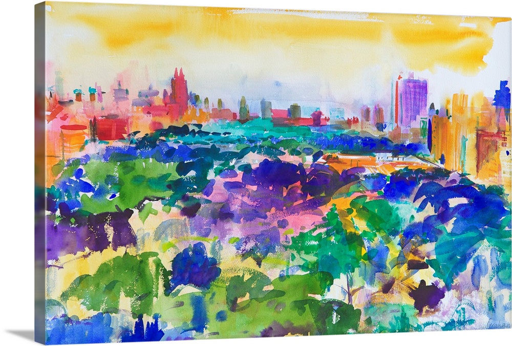 Contemporary abstract painting of Central Park with vibrant water colors.