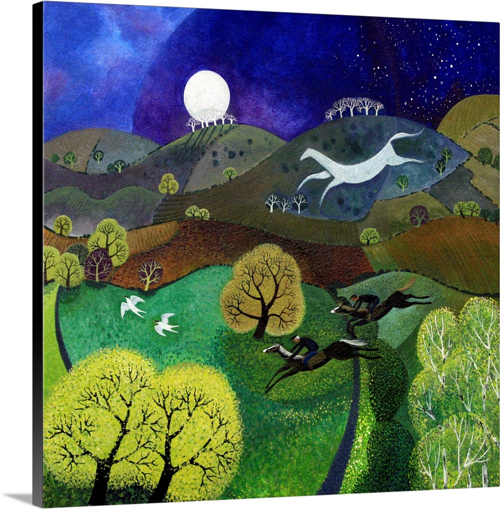Contemporary painting of the countryside at night with a large white chalk horse on one of the hills.