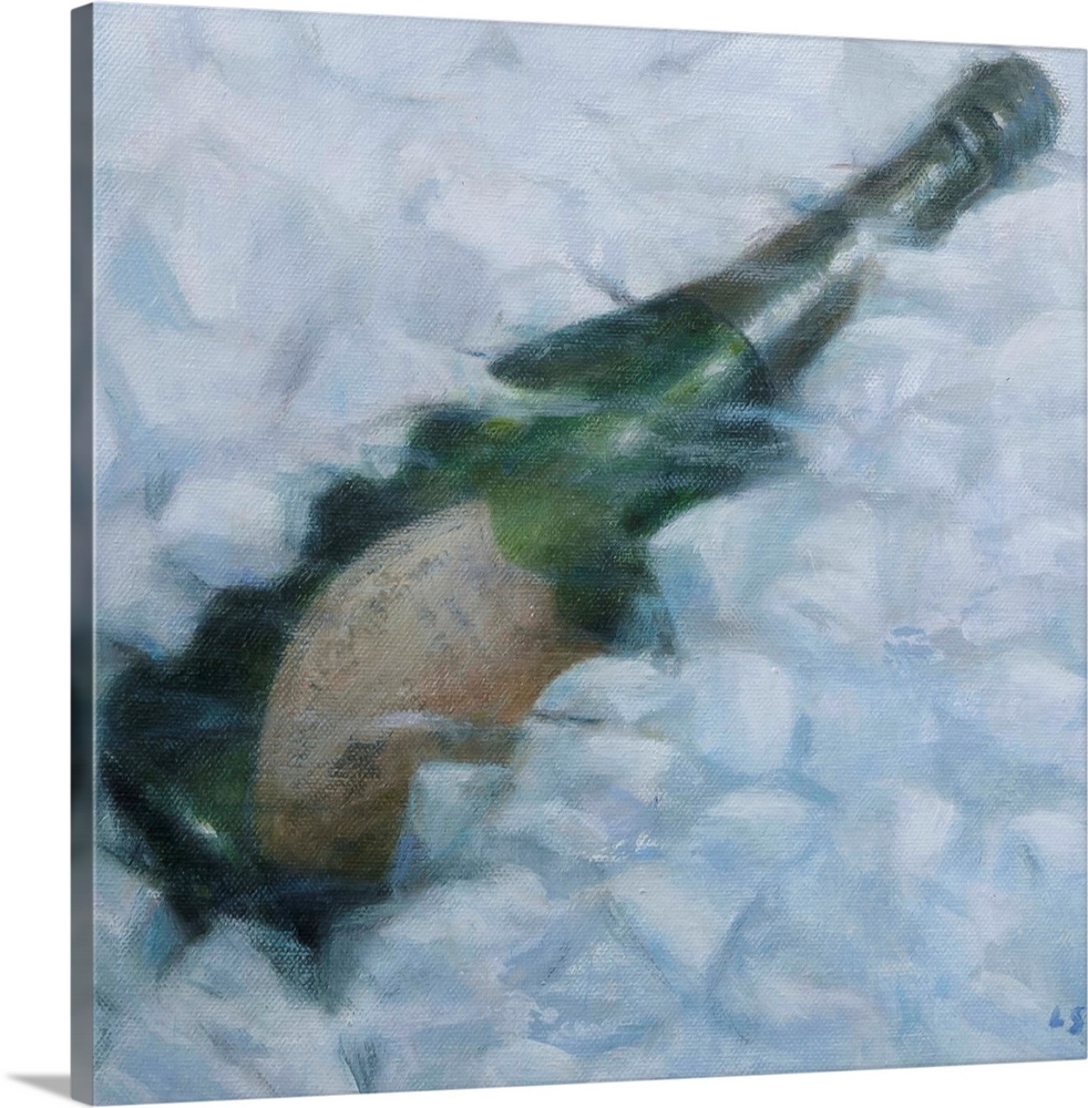 Contemporary painting of a bottle of champagne buried in ice.
