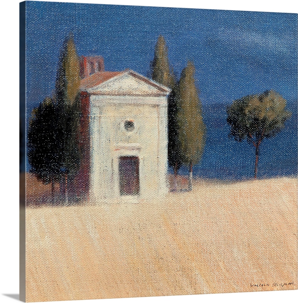 Contemporary painting of a church in the Tuscan countryside.