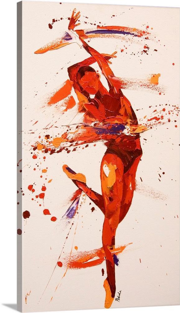 Contemporary painting using deep warm tones to create a dancing figure against a tan background.