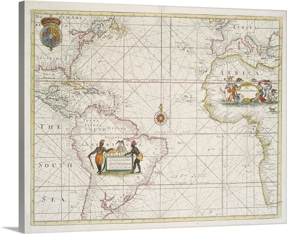 Chart of the Western, now Atlantic Ocean with rhumb lines by Jeremiah Seller, 1705, hand coloured print.  By English School.