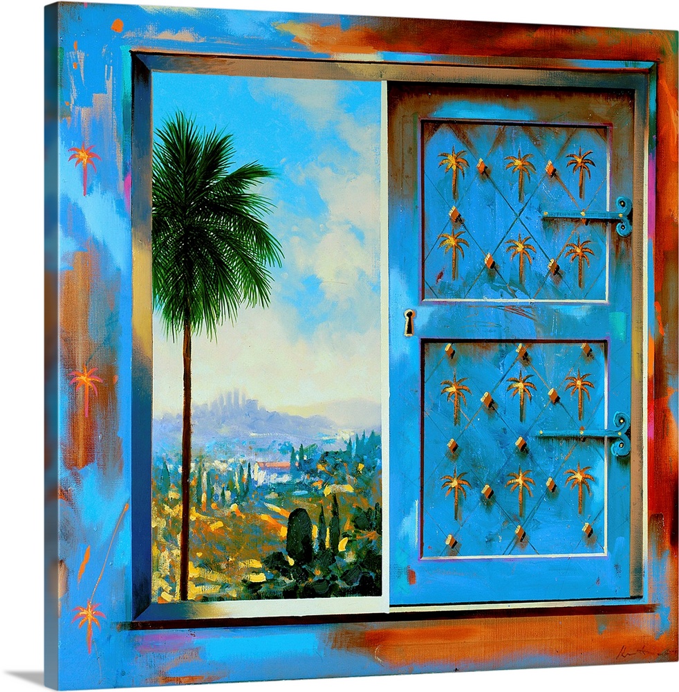 Contemporary artwork of a window with one shutter closed, and a palm tree visible on the other side.