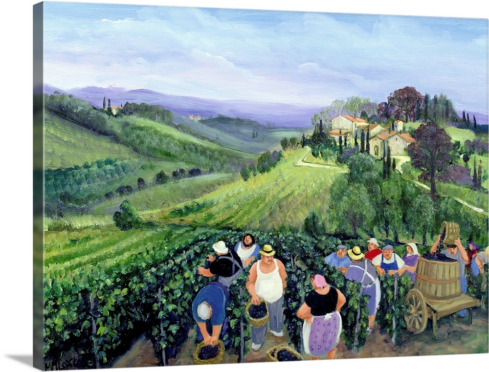 Contemporary painting of farmers in a vineyard in Tuscany.