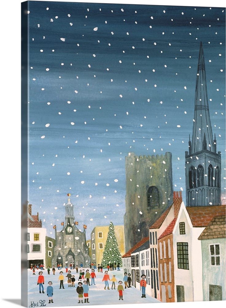 Contemporary painting of people outside a cathedral in winter.